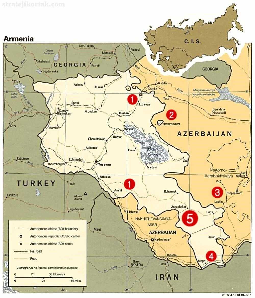 Azerbaycan ile Ermenistan Haritası ve Bazı Bölgeler
