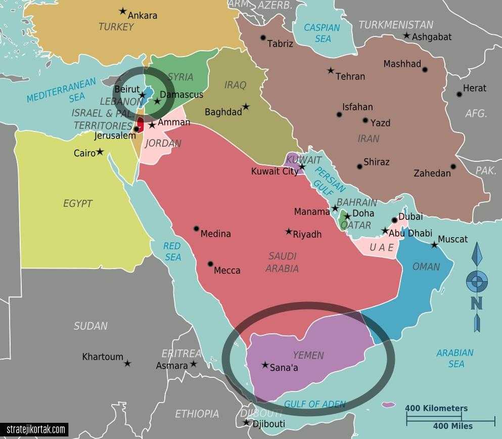 Ortadoğu Haritasında Lübnan ve Yemen