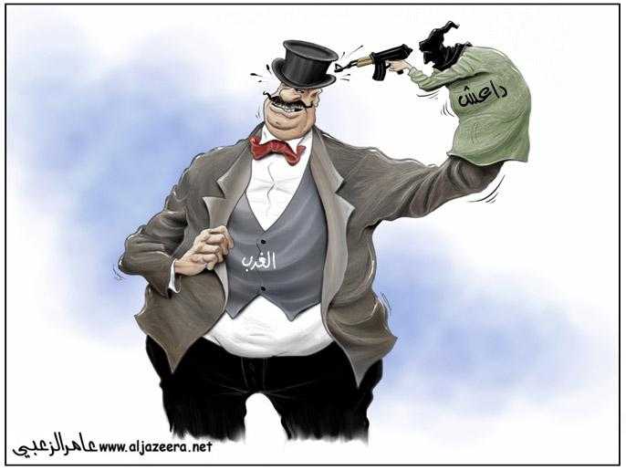 "IŞİD"in "Batı"nın elinde bir kukla olduğunu ve örgütün Batı’ya yönelik saldırılarının bir düzmece olduğunu anlatan karikatür.''