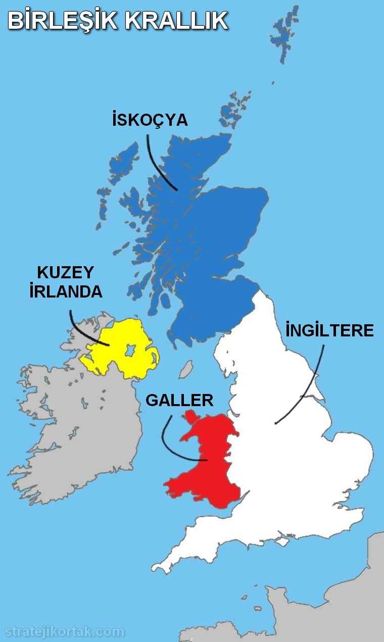 Birleşik Krallık Haritası: Kuzey İrlanda, Galler İngiltere ve İskoçya