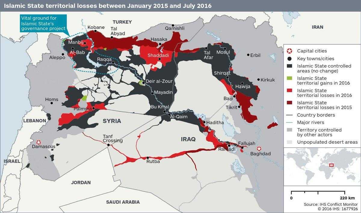 IŞİD'in 2015'ten 2016'ya Suriye ve Irak'taki kaybettiği topraklar