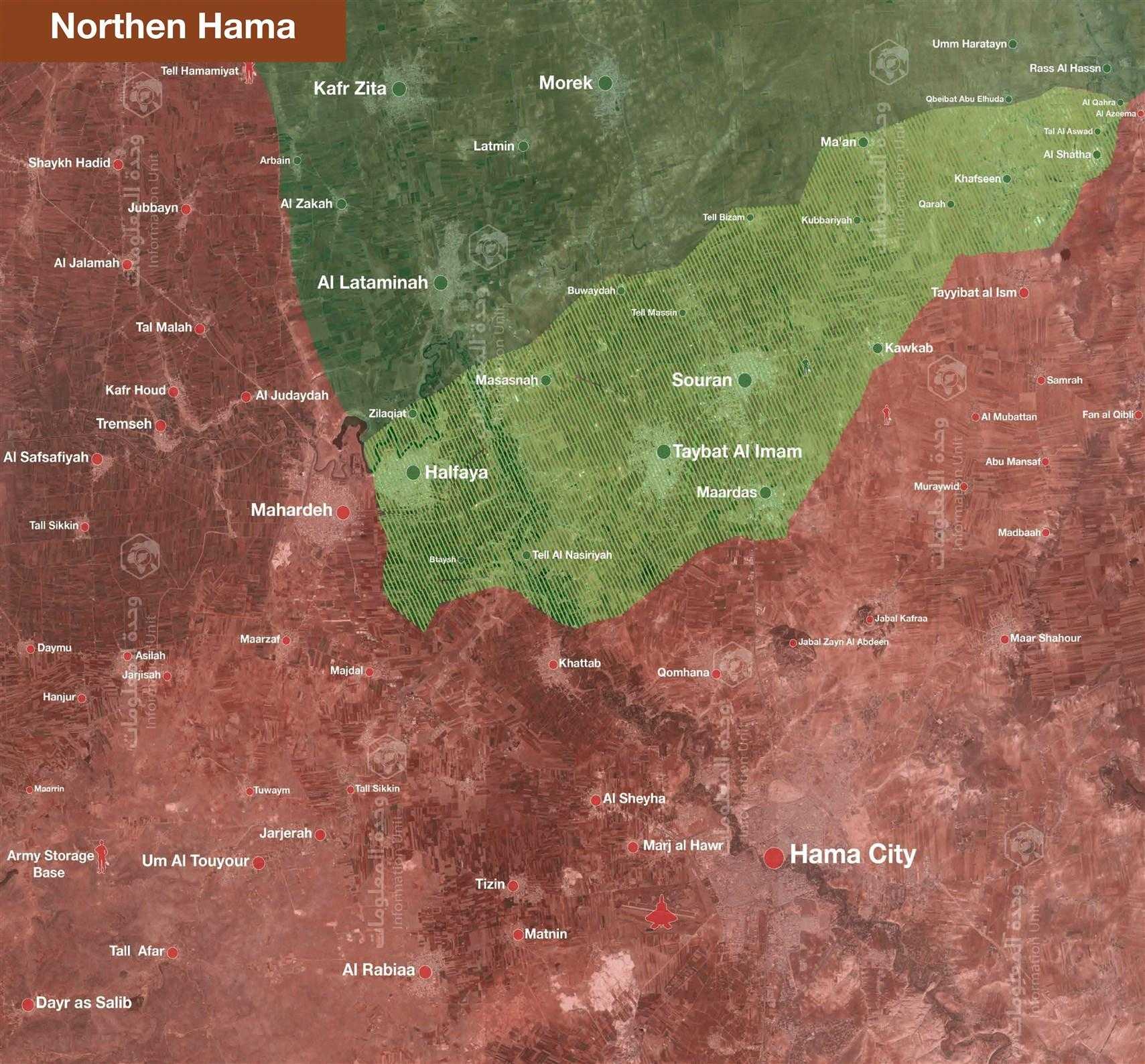 Hama'nın kuzeyinde muhaliflerin ele geçirdiği bölgeler..