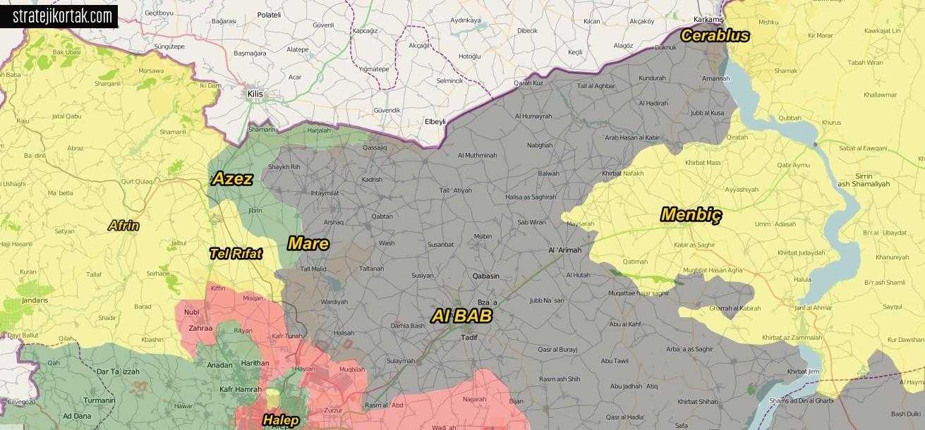 Haritada: Afrin, Tel Rıfat, Azez, Mare, Al Bab, Cerablus ve Menbiç 