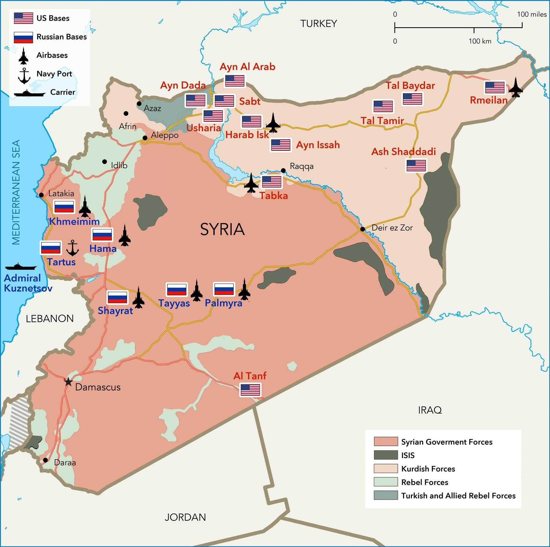 Suriye'de Rusya'nın askeri üsleri ve ABD'nin boşaltmaya hazırlandığı (Tenef hariç) üsler.